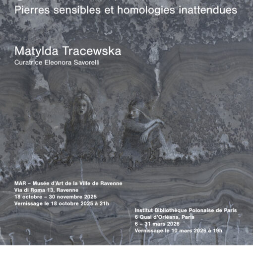 Affiche de l'exposition de restitution de résidence au Muséum national d'Histoire naturelle de Matylda Tracewska. Les deux expositions se dérouleront au MAR de Ravenne (Italie) à l'automne 2025 et à l'Institut Bibliothèque Polonaise de Paris (France) au printemps 2026.